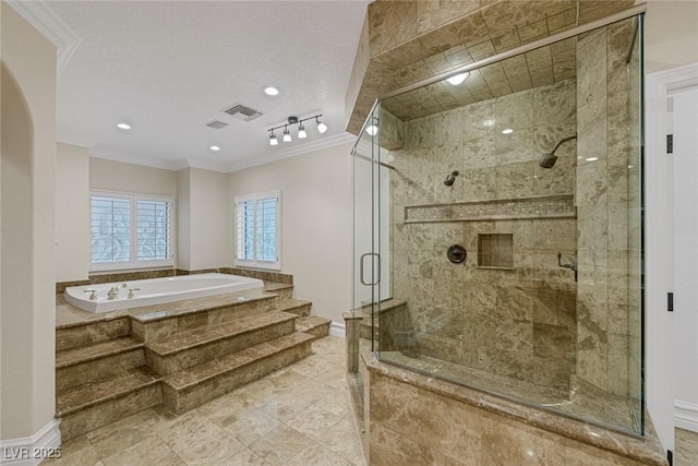 81 Quail Run Rd, Henderson, NV 89014 - bathroom featuring ornamental molding, a garden tub, and a shower stall