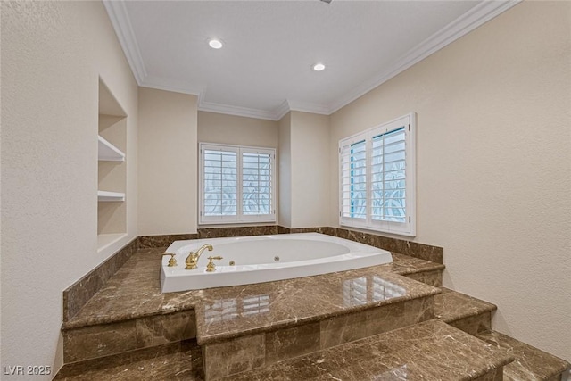 81 Quail Run Rd, Henderson, NV 89014 - bathroom featuring plenty of natural light, a tub with jets, ornamental molding, recessed lighting, and built in features
