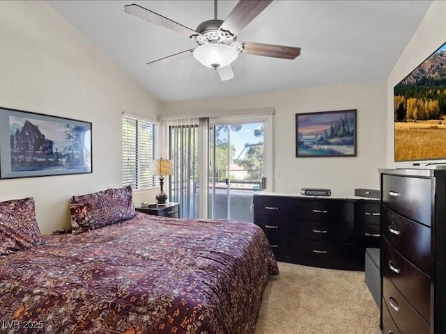 8961 Clairton Ct, Las Vegas, NV 89117 - bedroom featuring vaulted ceiling, access to outside, light colored carpet, and ceiling fan
