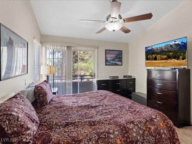 8961 Clairton Ct, Las Vegas, NV 89117 - bedroom featuring access to outside, carpet, ceiling fan, and lofted ceiling