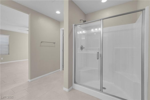 7104 Stockton Dunes St, North Las Vegas, NV 89084 - bathroom featuring a shower stall, recessed lighting, and tile patterned floors