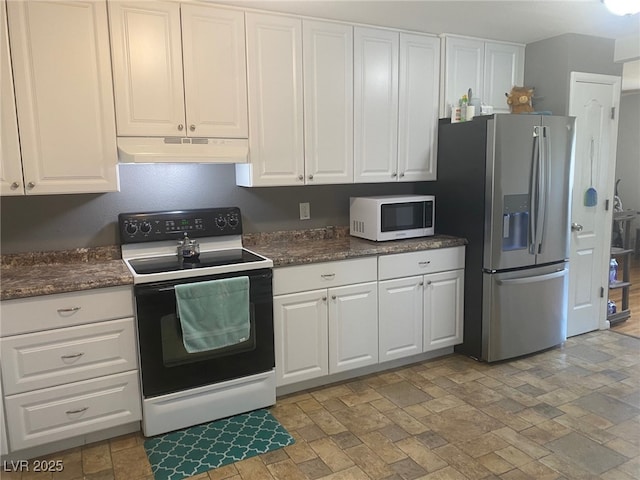 27 Carson Ct, Ely, NV 89301 - kitchen with electric range oven, white microwave, stainless steel fridge with ice dispenser, under cabinet range hood, and white cabinets