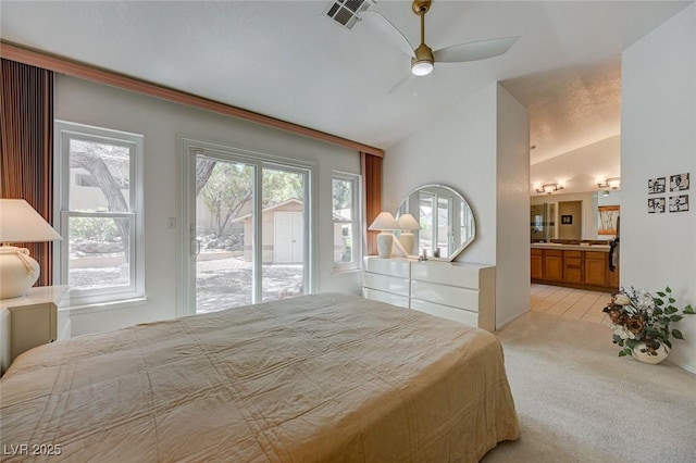 1734 Marshall Dr, Henderson, NV 89014 - bedroom with access to outside, lofted ceiling, light colored carpet, ensuite bathroom, and ceiling fan