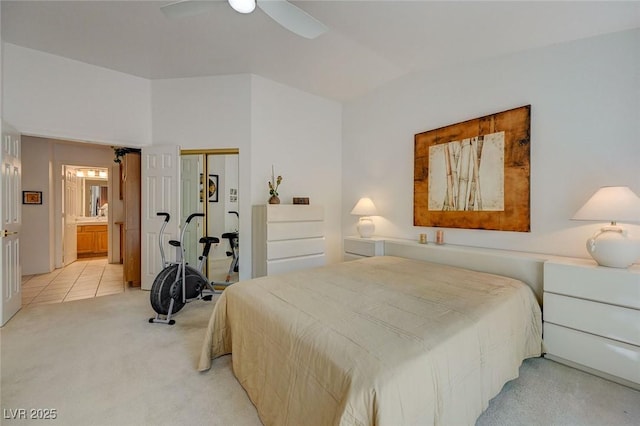 1734 Marshall Dr, Henderson, NV 89014 - carpeted bedroom featuring a closet, connected bathroom, and ceiling fan