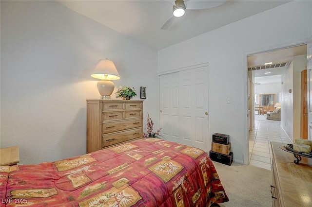 1734 Marshall Dr, Henderson, NV 89014 - bedroom featuring light colored carpet, a closet, and ceiling fan