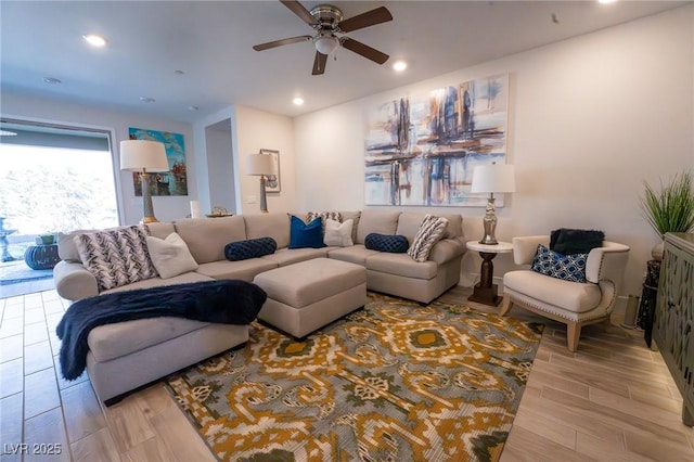 9584 Jadeite Ln, Las Vegas, NV 89143 - living room featuring ceiling fan, recessed lighting, and wood finished floors