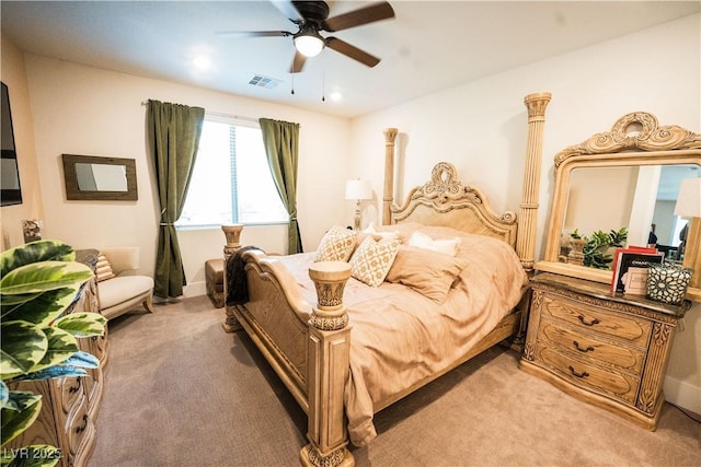9584 Jadeite Ln, Las Vegas, NV 89143 - bedroom with light colored carpet, a ceiling fan, and recessed lighting
