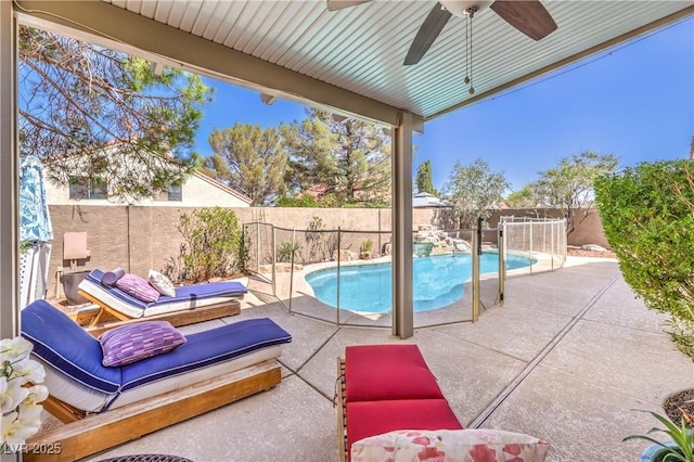 3324 Canyon Lake Dr, Las Vegas, NV 89117 - view of swimming pool with a fenced backyard, ceiling fan, and a patio