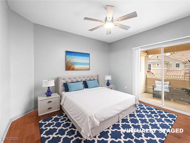 5855 Valley Dr Unit 2119, North Las Vegas, NV 89031 - bedroom with access to exterior, wood finished floors, and ceiling fan