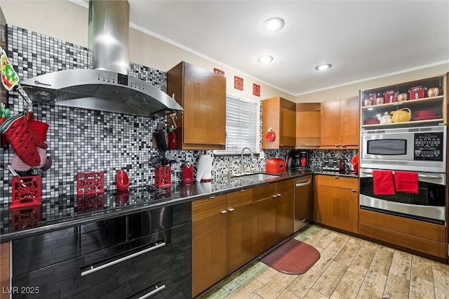 4544 Plaza De Vista St, Las Vegas, NV 89120 - kitchen with stainless steel appliances, wall chimney exhaust hood, backsplash, crown molding, and brown cabinets