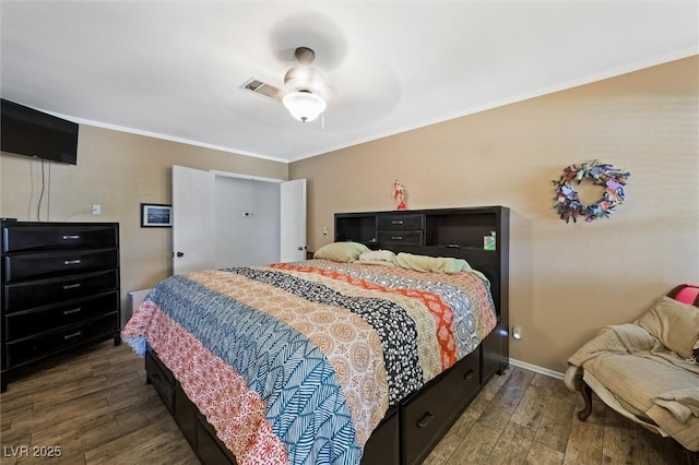4544 Plaza De Vista St, Las Vegas, NV 89120 - bedroom featuring wood finished floors, ornamental molding, and ceiling fan
