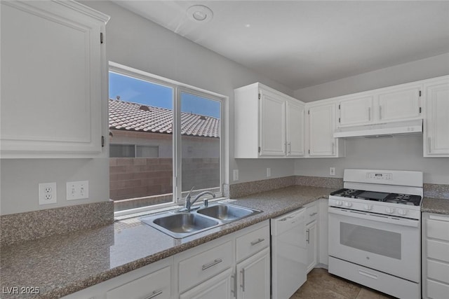 3664 Summer Picnic Ct, Las Vegas, NV 89147 - kitchen featuring white appliances, under cabinet range hood, and white cabinetry