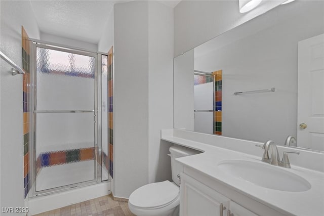 3664 Summer Picnic Ct, Las Vegas, NV 89147 - bathroom featuring a shower stall, vanity, and a textured ceiling
