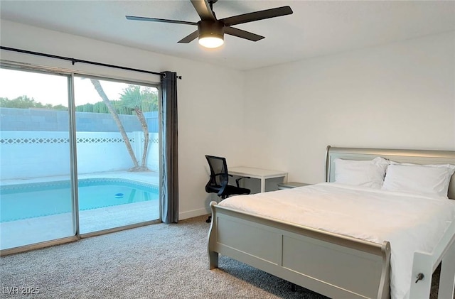 5321 Westleigh Ave, Las Vegas, NV 89146 - bedroom featuring access to outside, light colored carpet, and a ceiling fan