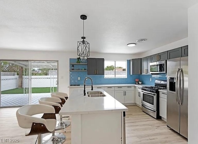 5321 Westleigh Ave, Las Vegas, NV 89146 - kitchen with stainless steel appliances, light countertops, tasteful backsplash, and hanging light fixtures