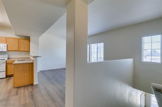 2030 Rancho Lake Dr Unit 201, Las Vegas, NV 89108 - kitchen featuring white appliances, light wood-type flooring, and light countertops