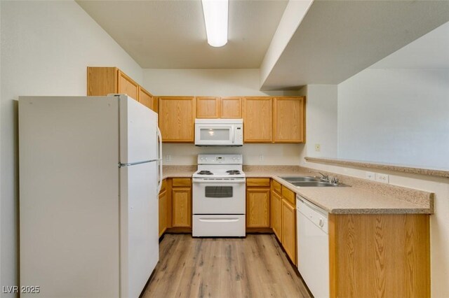 2030 Rancho Lake Dr Unit 201, Las Vegas, NV 89108 - kitchen featuring white appliances, a peninsula, light wood-type flooring, and light countertops