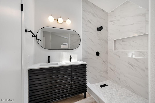3622 Covewick Dr, North Las Vegas, NV 89032 - bathroom with a marble finish shower, double vanity, and vaulted ceiling