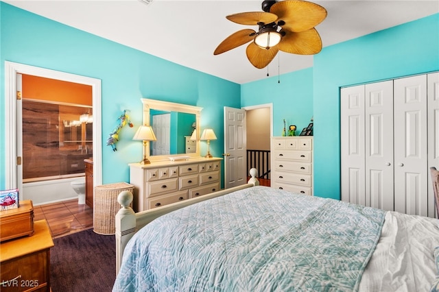 7428 Doe Ave, Las Vegas, NV 89117 - bedroom featuring a closet, wood finished floors, ensuite bath, and a ceiling fan