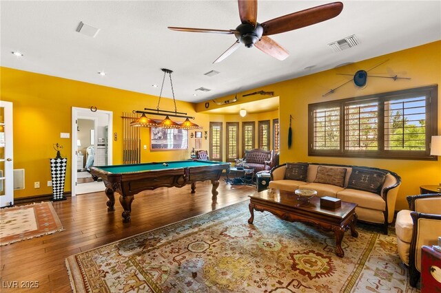 7428 Doe Ave, Las Vegas, NV 89117 - playroom featuring billiards, hardwood / wood-style floors, and ceiling fan