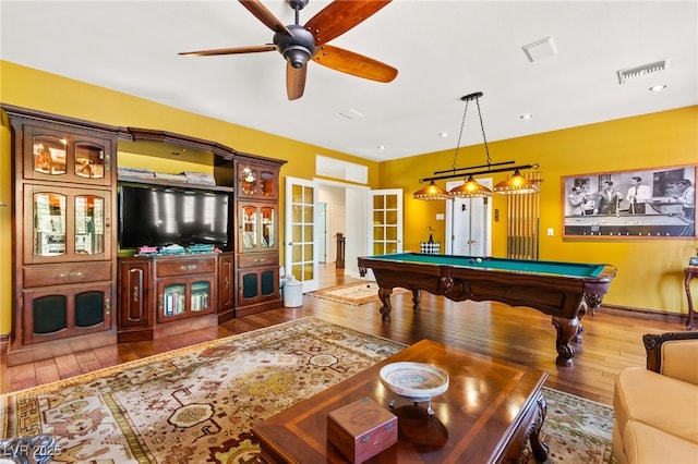 7428 Doe Ave, Las Vegas, NV 89117 - rec room with wood-type flooring, french doors, pool table, and a ceiling fan