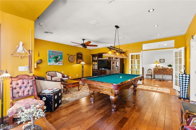 7428 Doe Ave, Las Vegas, NV 89117 - recreation room with french doors, hardwood / wood-style flooring, pool table, ceiling fan, and recessed lighting