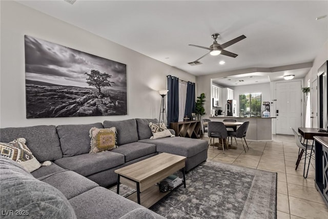 1739 Spanish Sky Ave, Las Vegas, NV 89183 - living room featuring light tile patterned flooring, ceiling fan, and recessed lighting