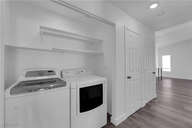 6129 Bedrock Ct, North Las Vegas, NV 89031 - laundry area with independent washer and dryer, dark wood finished floors, and recessed lighting