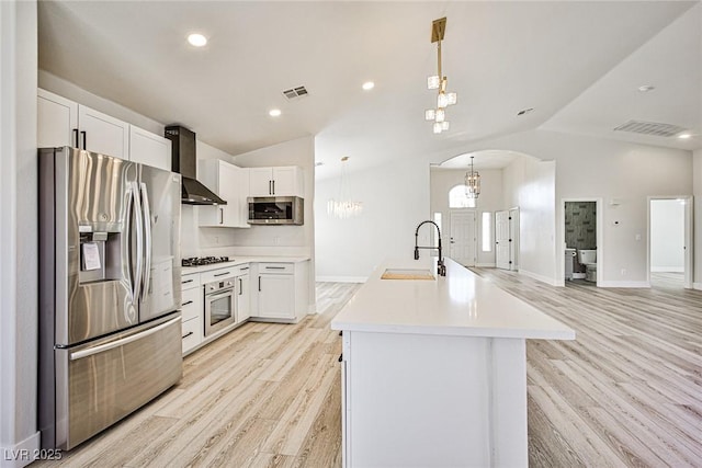1002 Christopher View Ave, North Las Vegas, NV 89032 - kitchen with appliances with stainless steel finishes, wall chimney exhaust hood, lofted ceiling, light wood finished floors, and light countertops