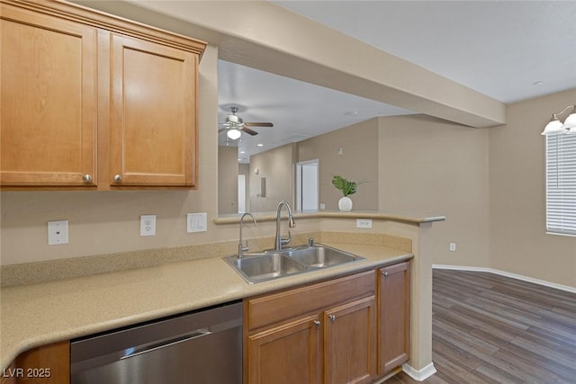 4625 Centisimo Dr Unit 202, North Las Vegas, NV 89084 - kitchen with dishwasher, a ceiling fan, wood finished floors, light countertops, and a peninsula