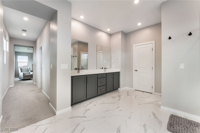 10280 Midnight Meteor Ave, Las Vegas, NV 89166 - bathroom with double vanity, recessed lighting, and marble finish flooring