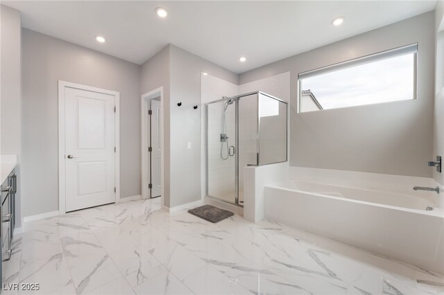 10280 Midnight Meteor Ave, Las Vegas, NV 89166 - bathroom featuring a garden tub, a stall shower, recessed lighting, vanity, and marble finish flooring