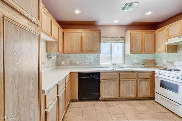 3673 Calypso Beach Ct, Las Vegas, NV 89115 - kitchen featuring dishwasher, light brown cabinetry, gas range gas stove, under cabinet range hood, and tasteful backsplash
