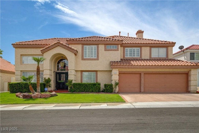 7613 Hackensack Ct, Las Vegas, NV 89128 - mediterranean / spanish house with concrete driveway, stucco siding, a chimney, a garage, and a tiled roof