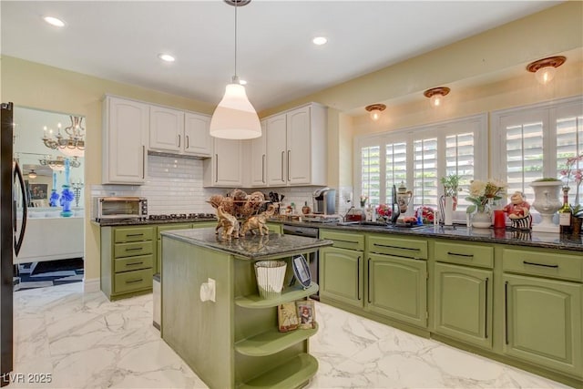 7613 Hackensack Ct, Las Vegas, NV 89128 - kitchen with green cabinetry, white cabinets, tasteful backsplash, stainless steel dishwasher, and recessed lighting