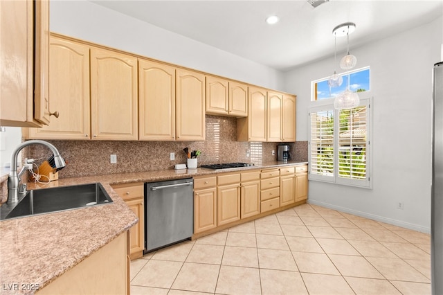 9136 Eagle Ridge Dr, Las Vegas, NV 89134 - kitchen featuring dishwasher, light brown cabinets, backsplash, light tile patterned floors, and recessed lighting