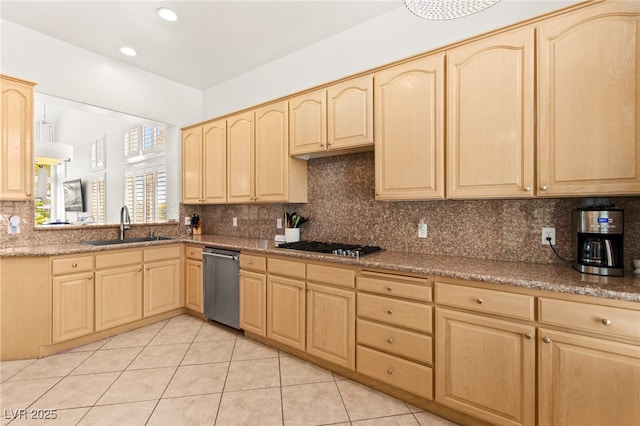 9136 Eagle Ridge Dr, Las Vegas, NV 89134 - kitchen with light brown cabinetry, stainless steel dishwasher, light tile patterned floors, tasteful backsplash, and recessed lighting