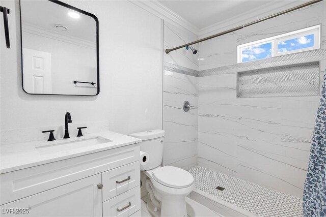 3361 Horizon St, Las Vegas, NV 89121 - full bathroom featuring crown molding, vanity, and a marble finish shower
