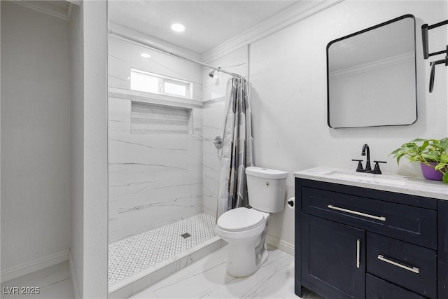 3361 Horizon St, Las Vegas, NV 89121 - bathroom featuring crown molding, marble look tile flooring, vanity, a stall shower, and recessed lighting