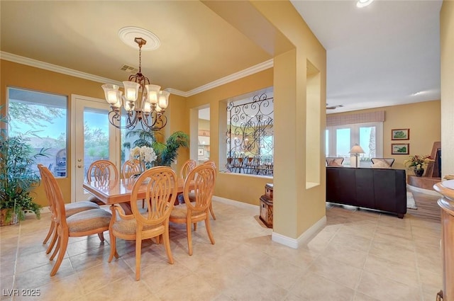 212 Florio Ct, Las Vegas, NV 89138 - dining room with a chandelier, ornamental molding, and light tile patterned floors