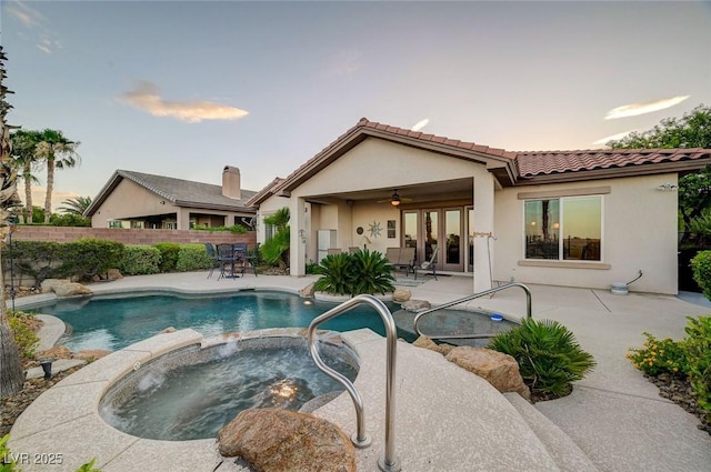 212 Florio Ct, Las Vegas, NV 89138 - view of pool featuring a patio, a ceiling fan, a pool with connected hot tub, and french doors