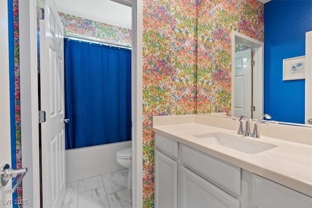 714 Rogue Wave St, Las Vegas, NV 89138 - full bathroom with vanity, shower / tub combo with curtain, wallpapered walls, and marble finish floors
