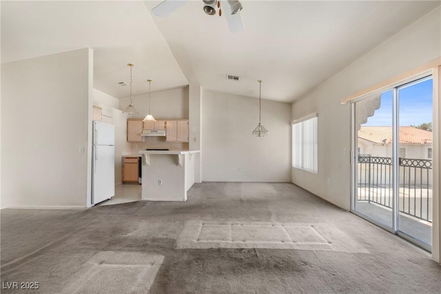 6201 E Lake Mead Blvd Unit 210, Las Vegas, NV 89156 - unfurnished living room with light colored carpet, a ceiling fan, and high vaulted ceiling
