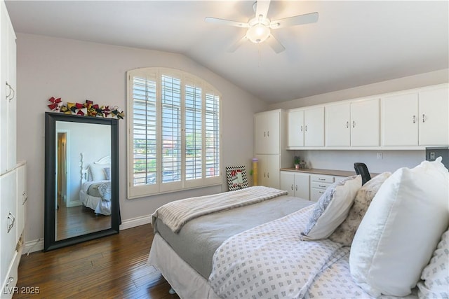 3024 Pier Harbor Dr, Las Vegas, NV 89117 - bedroom with lofted ceiling, dark wood-style floors, and a ceiling fan