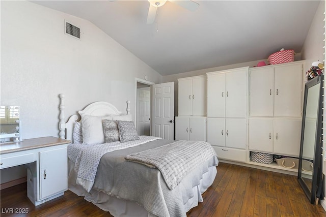3024 Pier Harbor Dr, Las Vegas, NV 89117 - bedroom with vaulted ceiling, dark wood-style floors, ceiling fan, and an office area