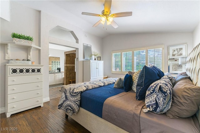 3024 Pier Harbor Dr, Las Vegas, NV 89117 - bedroom featuring lofted ceiling, wood-type flooring, ensuite bathroom, and a ceiling fan