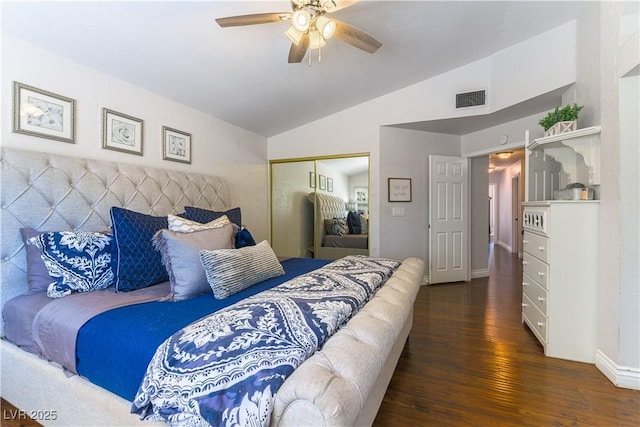 3024 Pier Harbor Dr, Las Vegas, NV 89117 - bedroom with lofted ceiling, wood finished floors, a closet, and ceiling fan