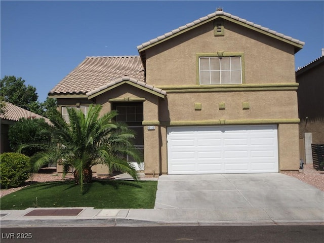 10013 Solid Lime St, Las Vegas, NV 89183 - view of front facade with concrete driveway, a garage, a tile roof, stucco siding, and a front lawn
