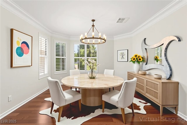 1800 Aztec Cliffs Ct, Las Vegas, NV 89128 - dining area featuring a chandelier, crown molding, and dark wood finished floors