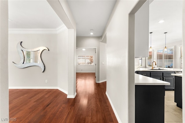 1800 Aztec Cliffs Ct, Las Vegas, NV 89128 - hall with wood finished floors, recessed lighting, and crown molding
